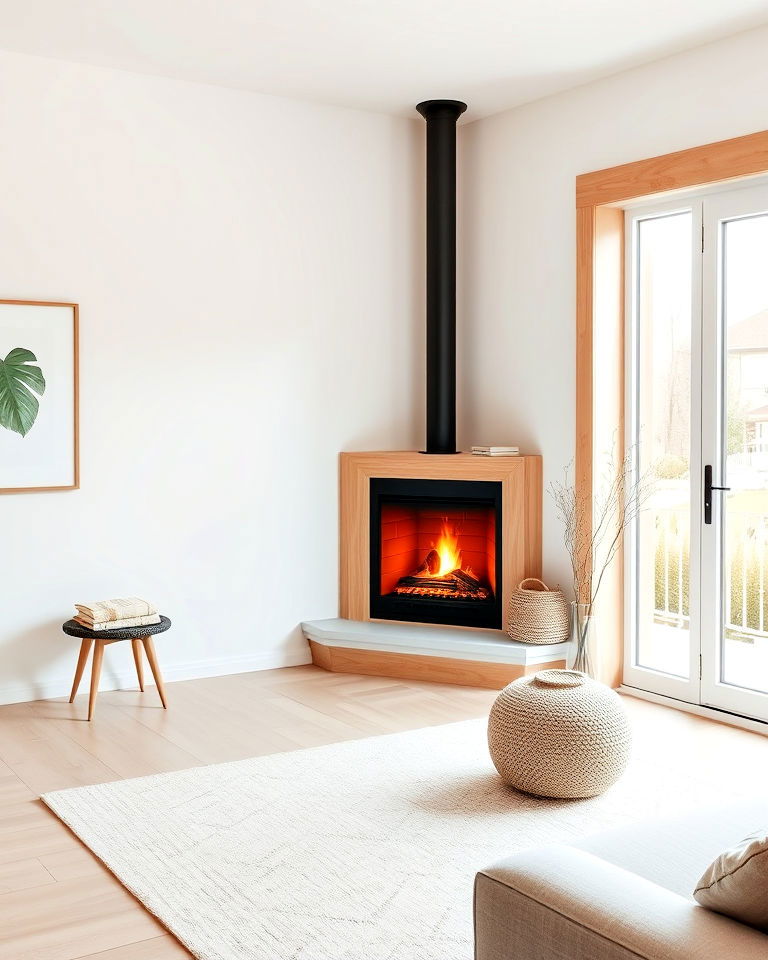 corner fireplace with light wood accents