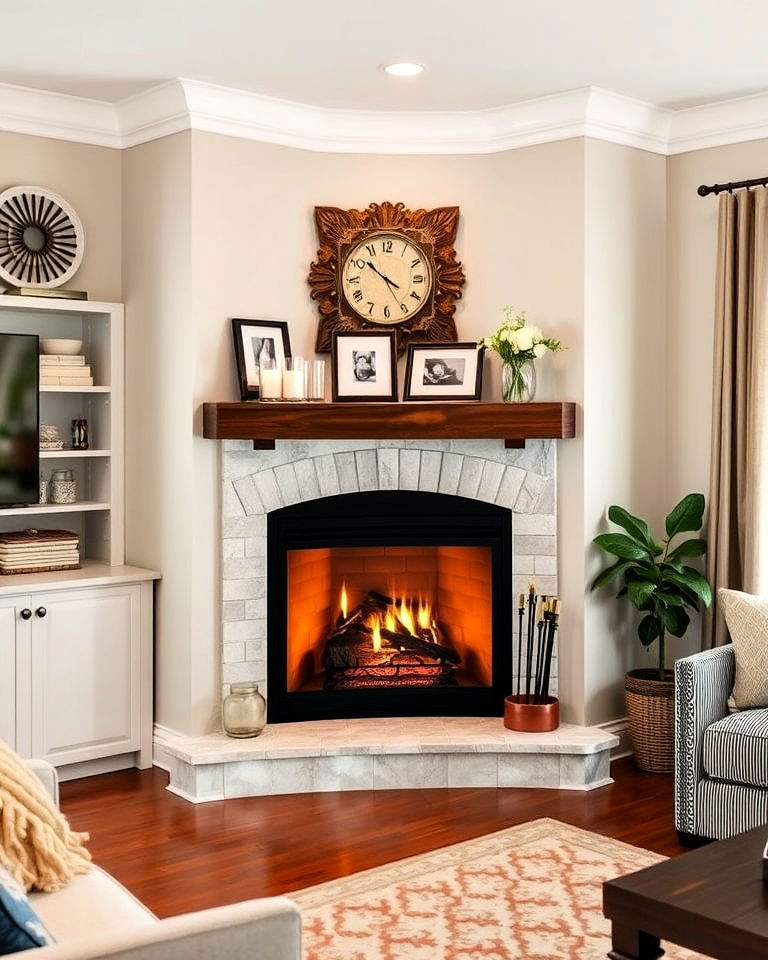 corner fireplace with mantel