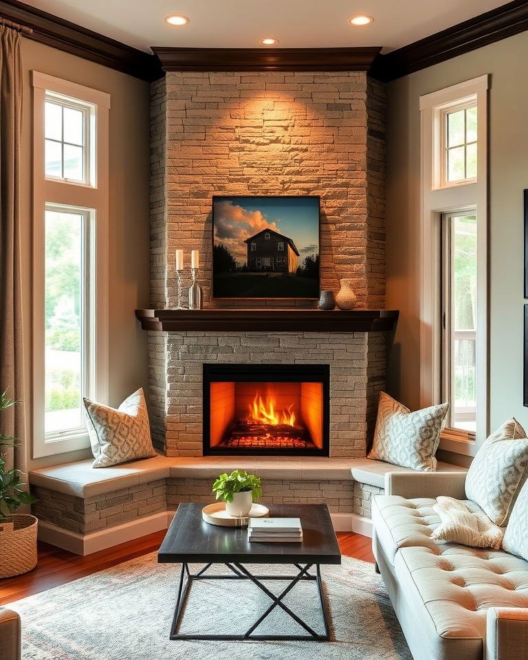 corner fireplace with seating nook