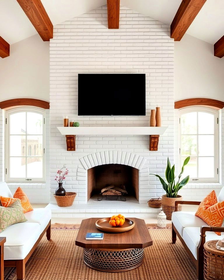 spanish style whitewashed brick fireplace