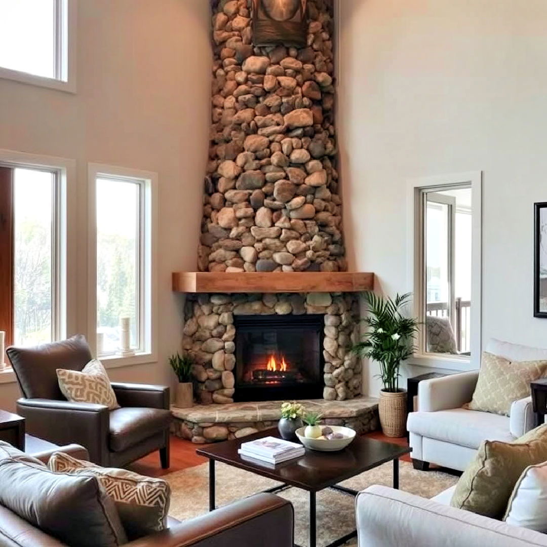 corner river rock fireplace