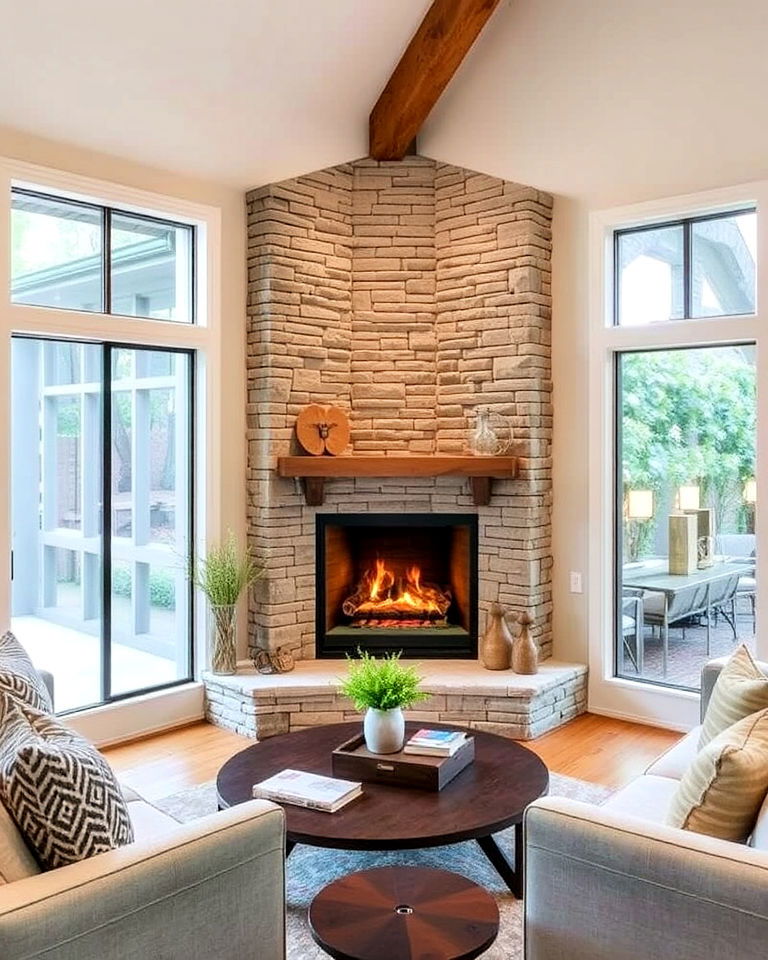 corner stacked stone fireplace