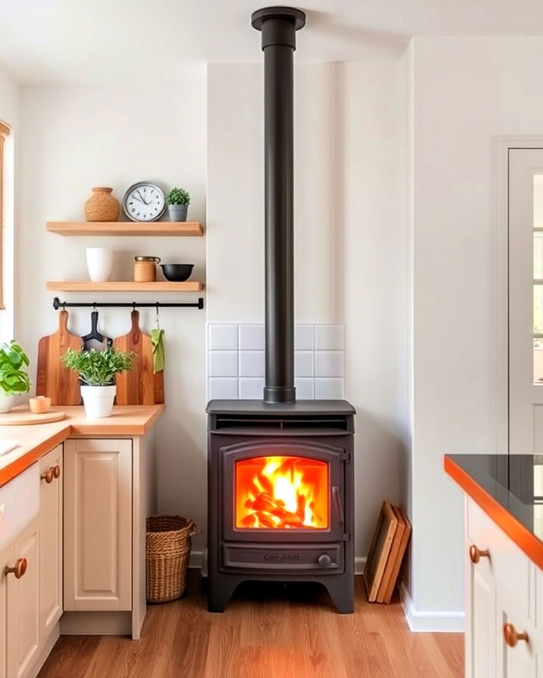 corner stove in a cozy scandinavian hygge kitchen