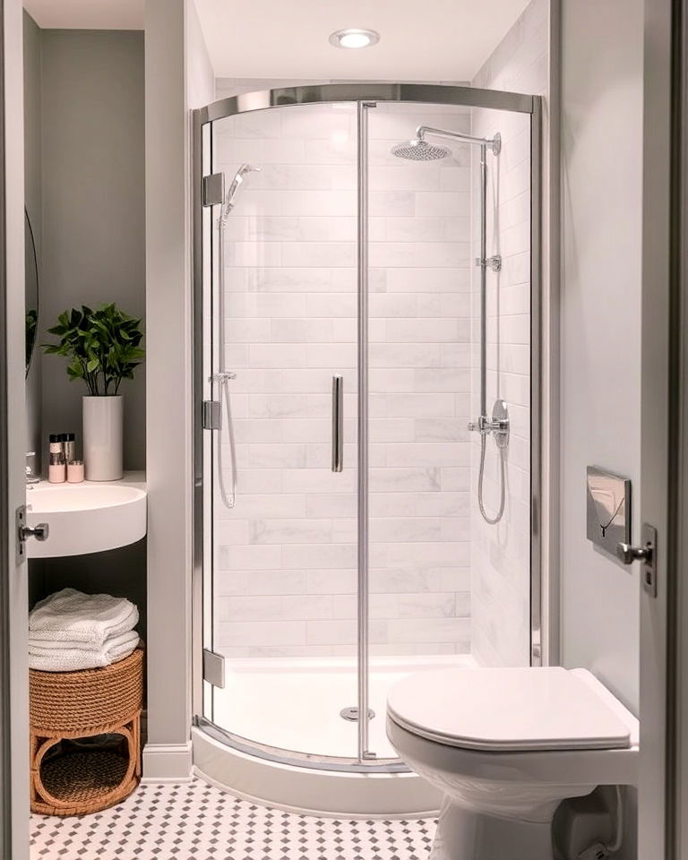corner walk in shower to maximize bathroom space