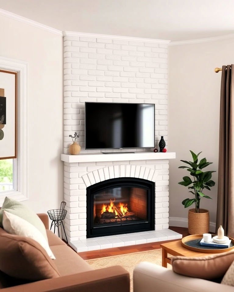 corner white brick fireplace