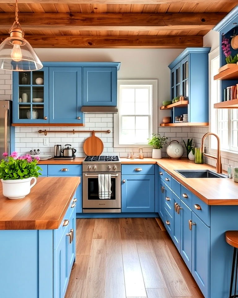 cornflower blue cabinets with copper accents