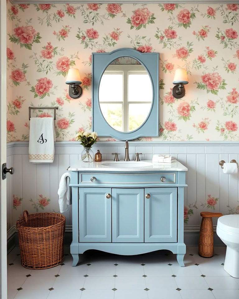 cornflower blue vanity with floral accents