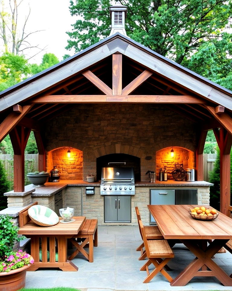 cottage style gazebo with wooden beams and stone grill