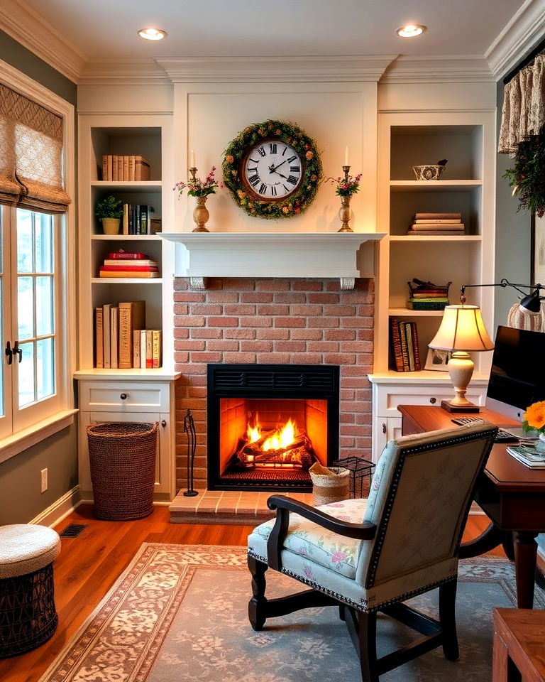 cottage style office with corner fireplace