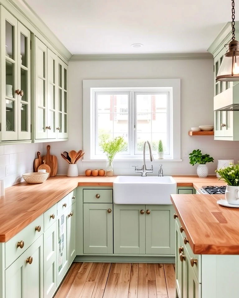 cottage style sage green kitchen cabinets with rustic butcher block