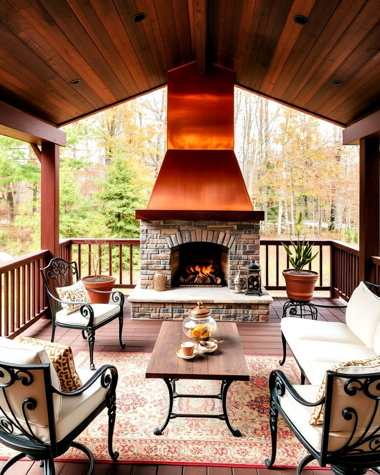 covered deck with copper accented fireplace