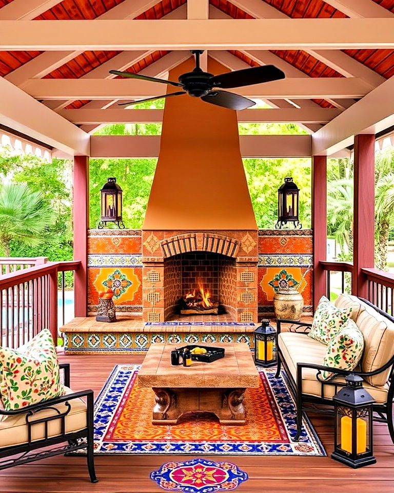 covered deck with moroccan inspired fireplace