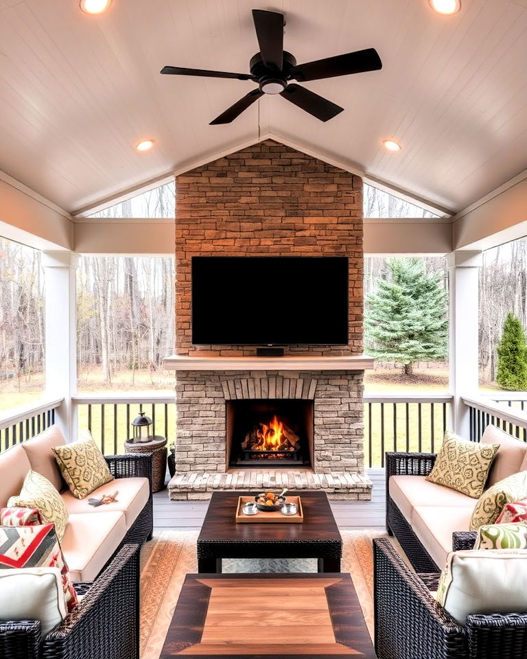 covered deck with outdoor tv and fireplace idea