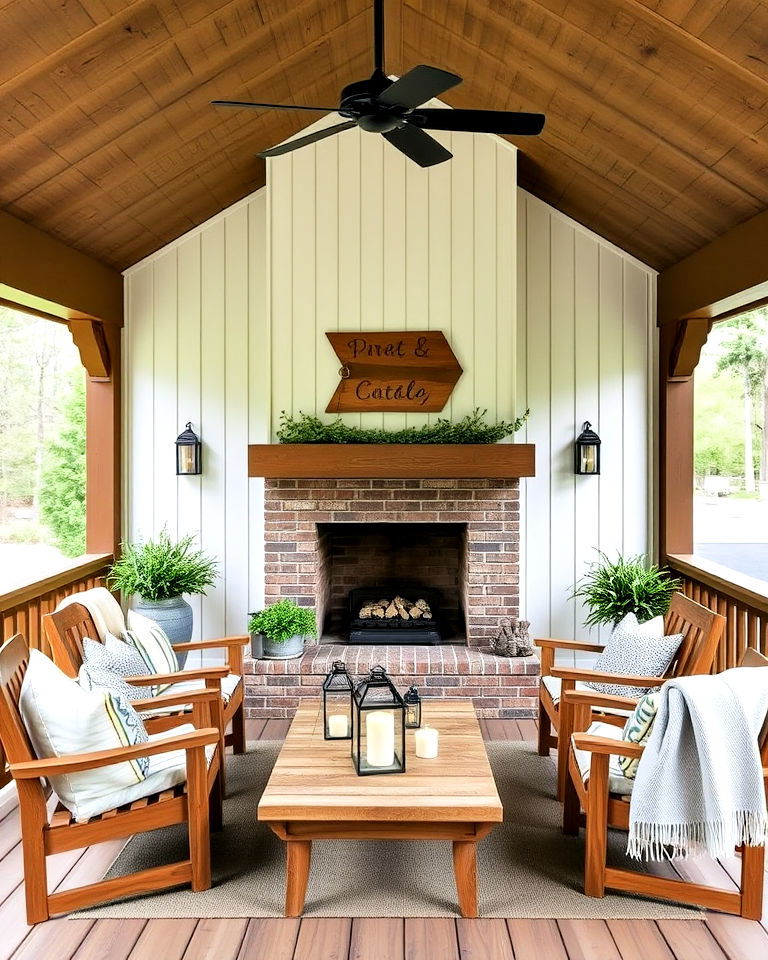 covered deck with shiplap fireplace surround