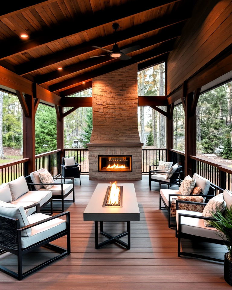 covered deck with sleek fireplace