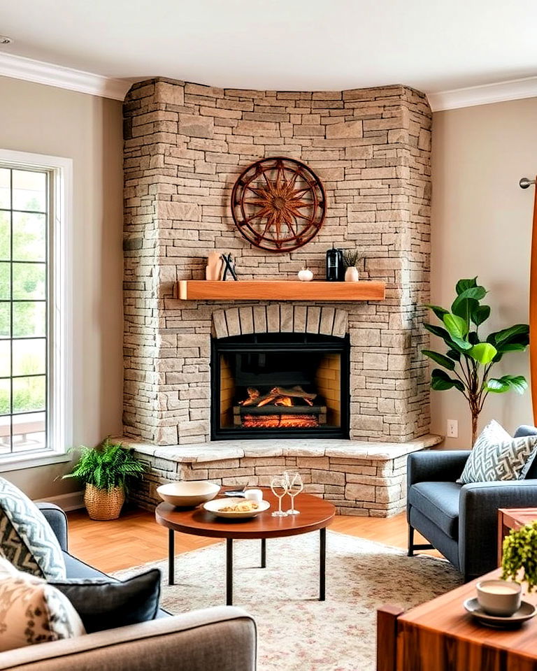 coz corner faux stone fireplace