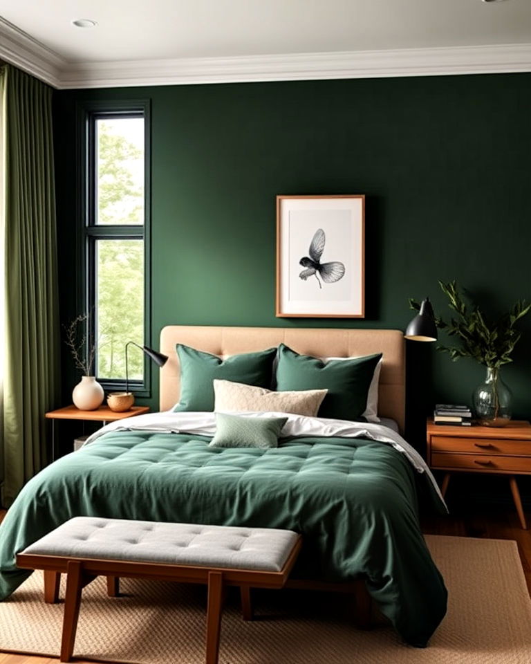 cozy and earthy forest green bedroom pallet