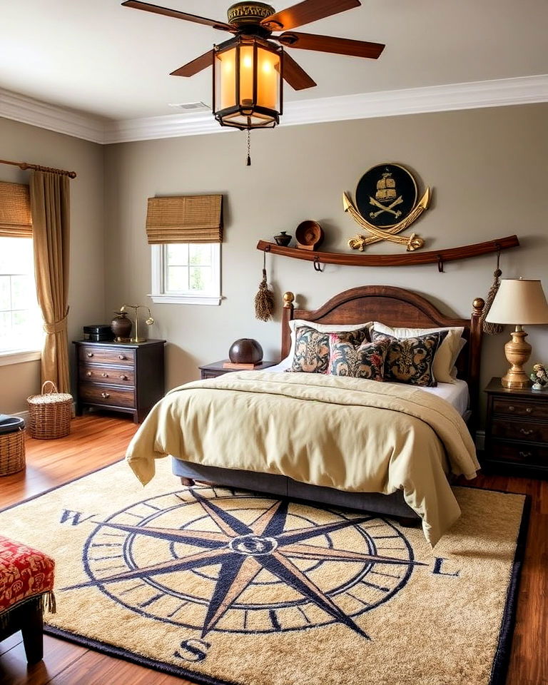 cozy and unique bedroom rug with compass motifs