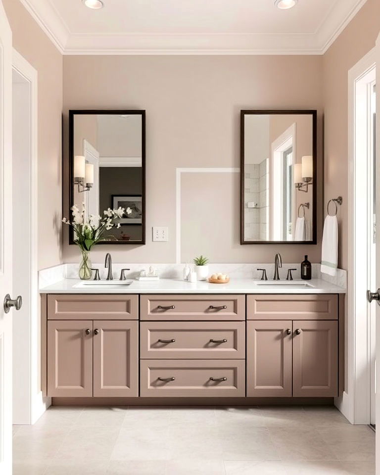 cozy and warm taupe bathroom cabinets