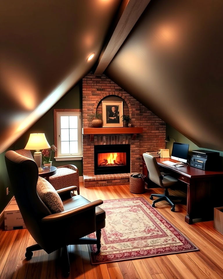 cozy attic office with fireplace