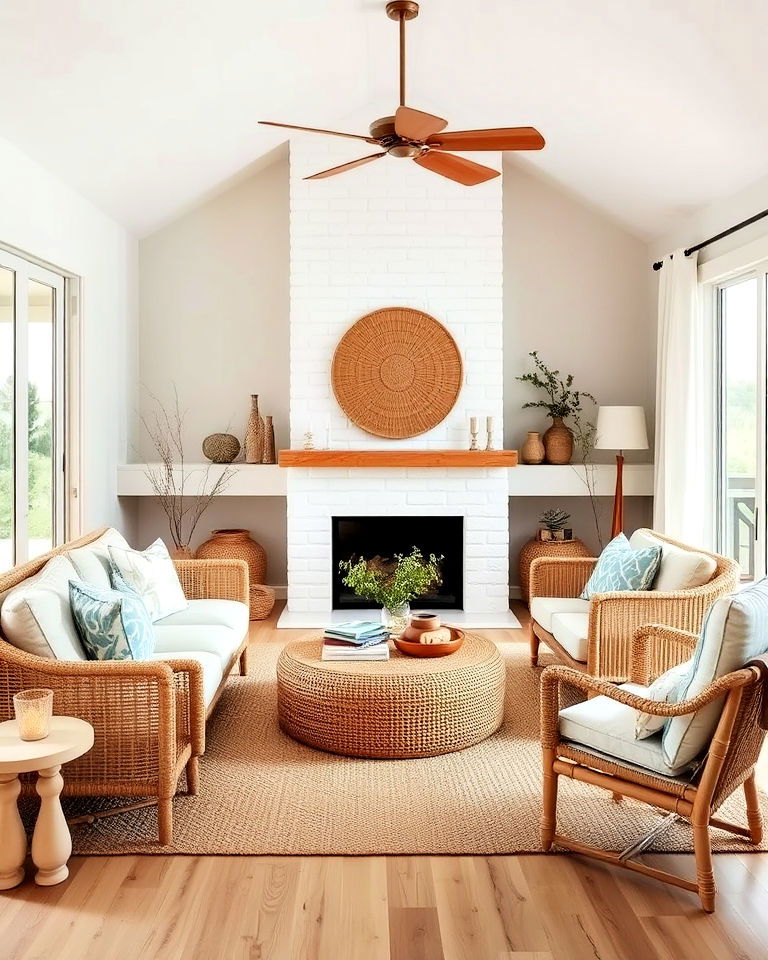 cozy beach house living room with natural textures