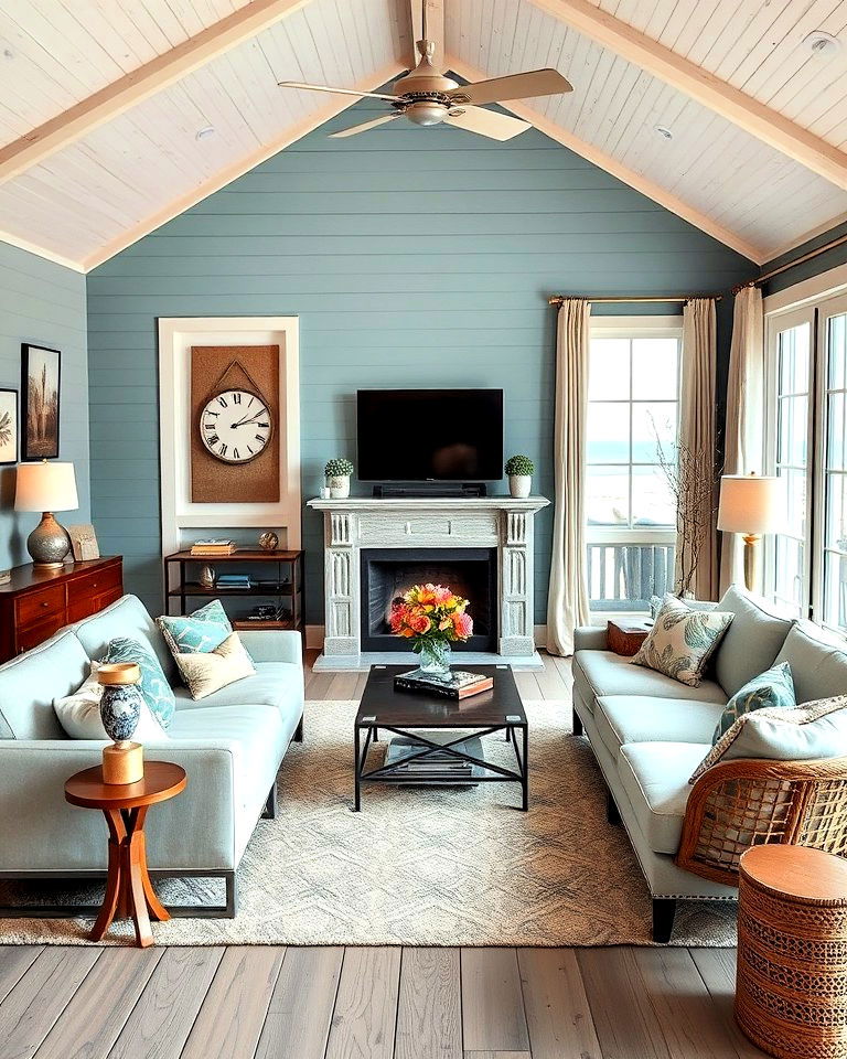 cozy beach house living room with vintage decor