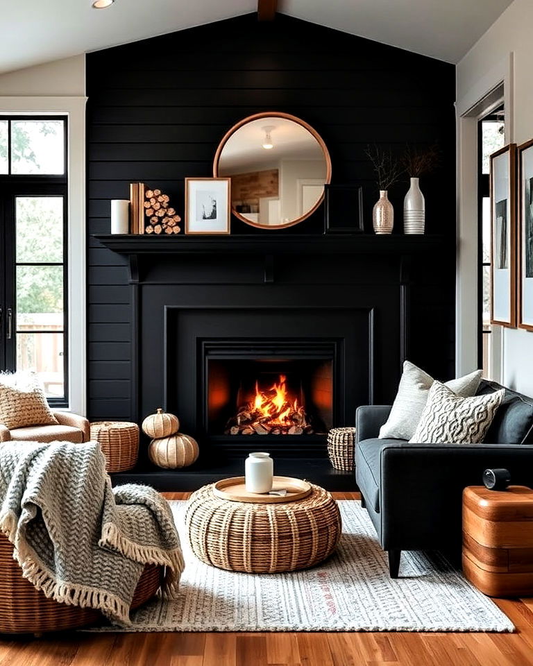 cozy black shiplap fireplace in a small space