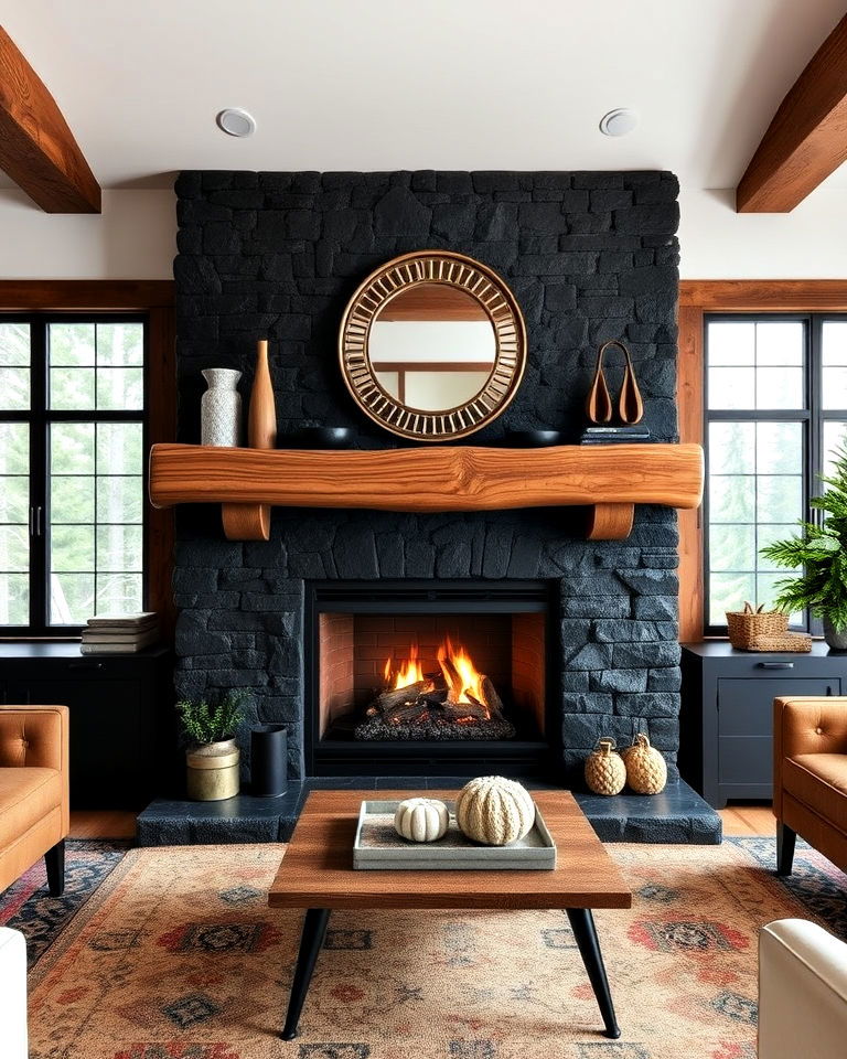 cozy black stone fireplace with rustic mantel