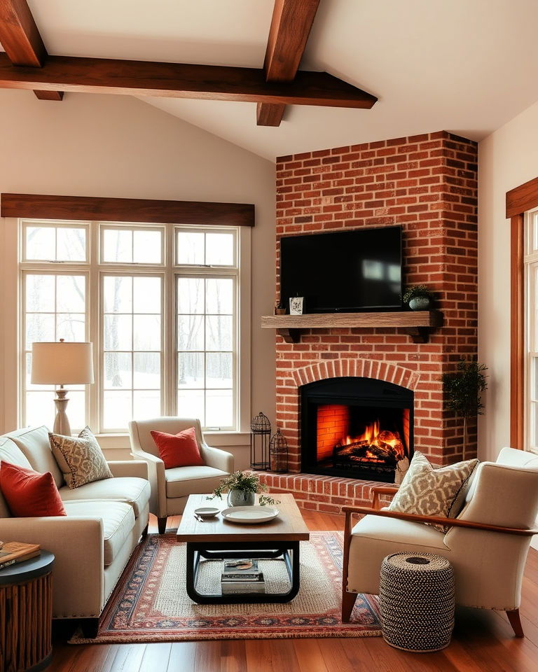 cozy brick corner fireplace