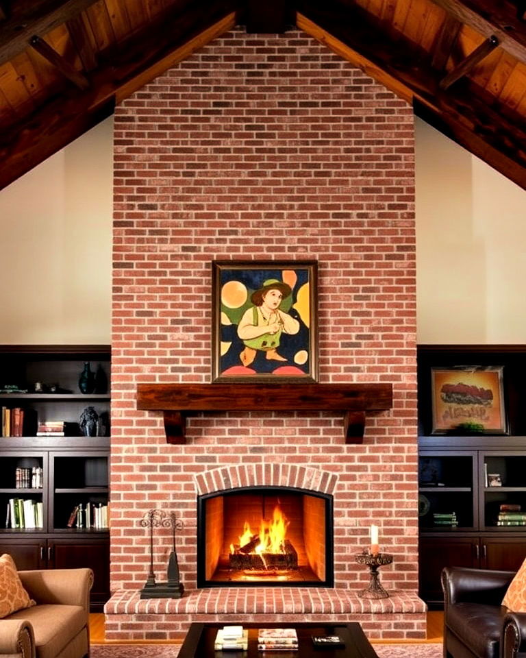 cozy brick fireplace in a vaulted ceiling family room