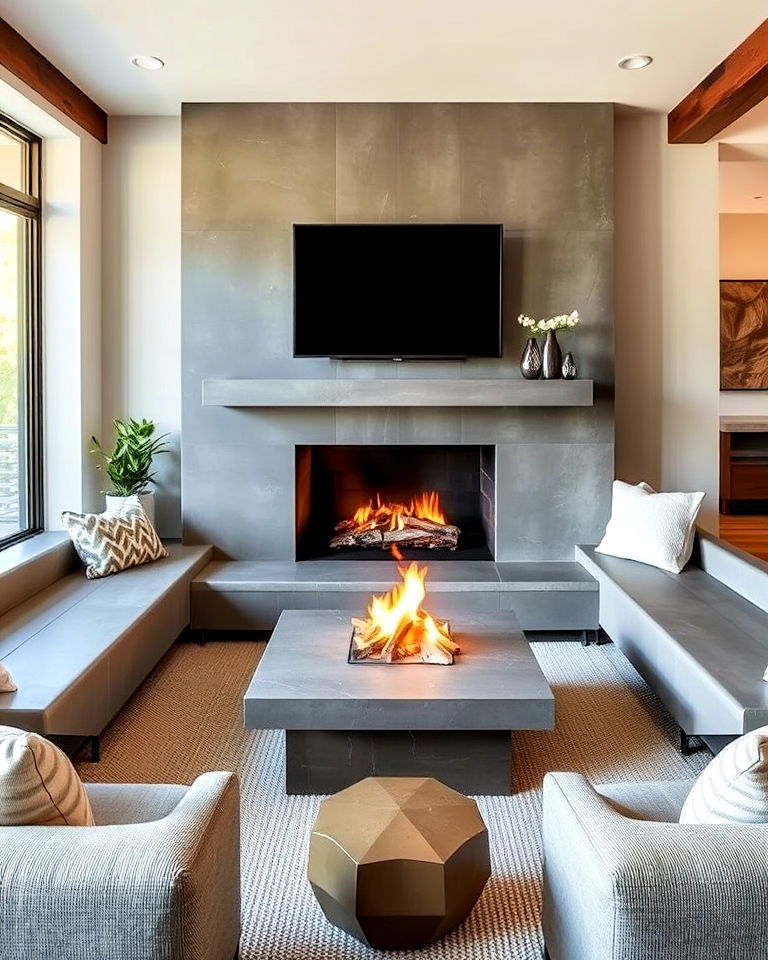 cozy concrete fireplace with integrated seating