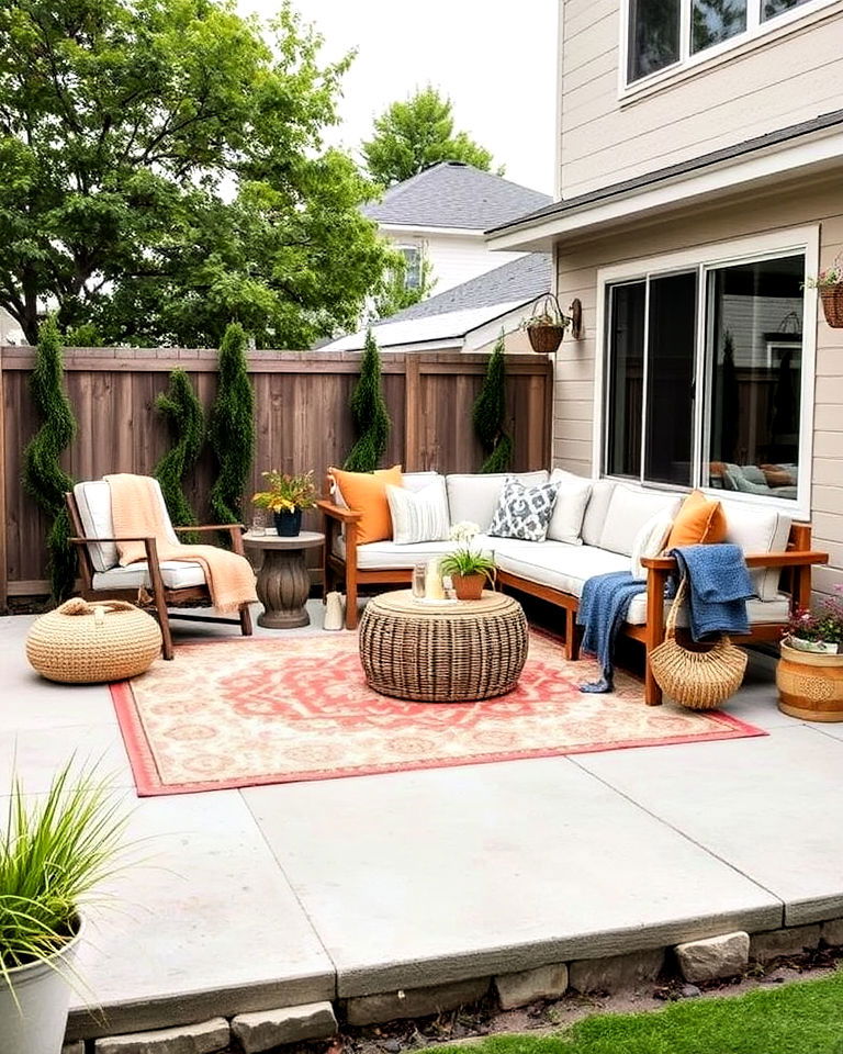 cozy concrete patio with outdoor rug and textiles