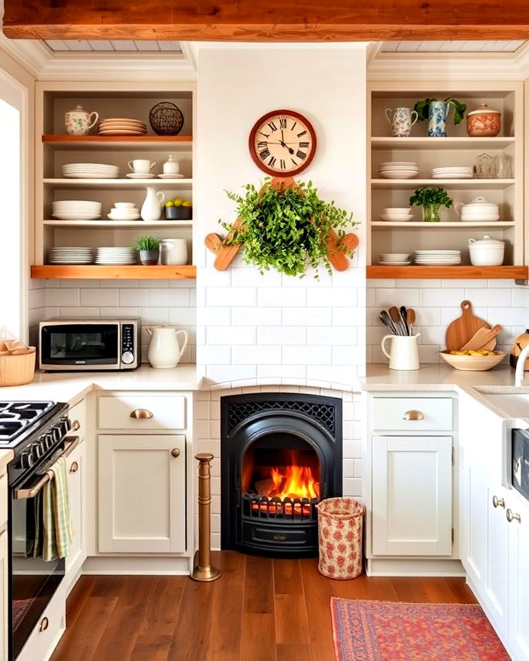 cozy corner fireplace in a quaint kitchen