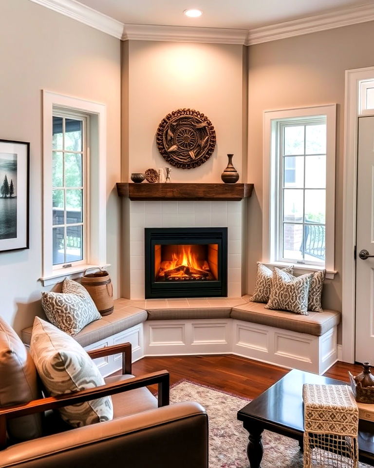 cozy corner gas fireplace with a bench seat