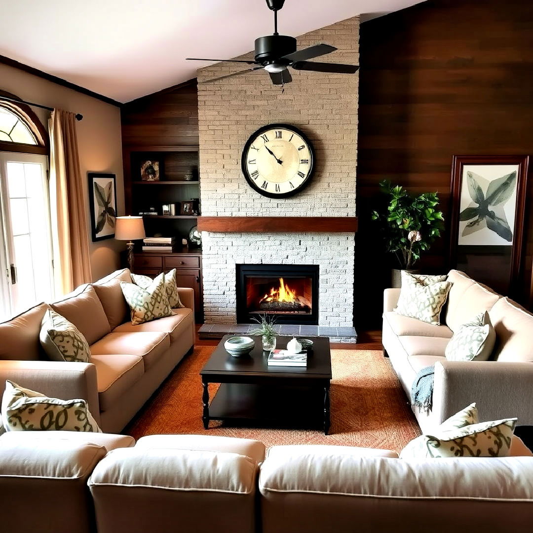 cozy corner sectional with fireplace accent wall