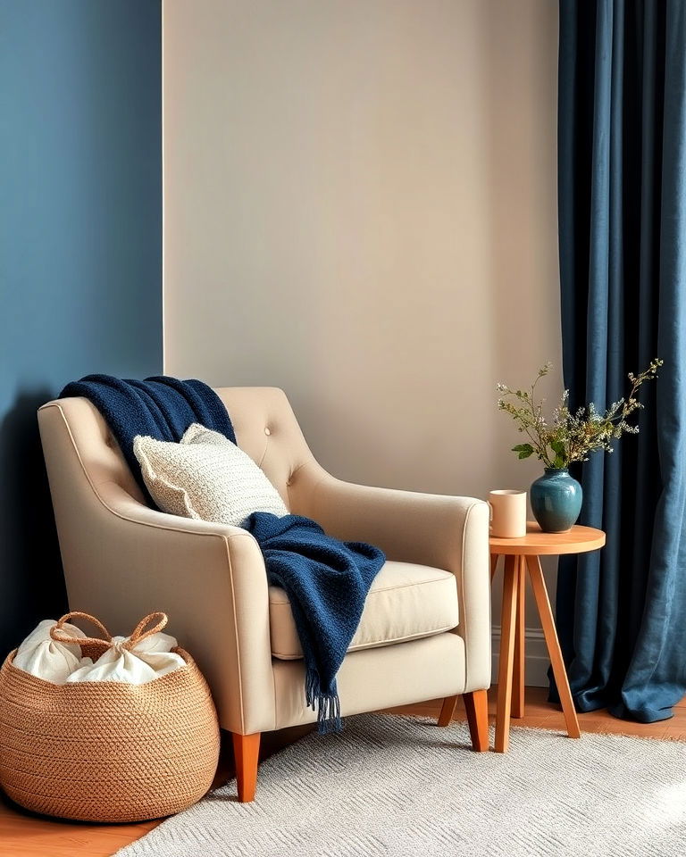 cozy corner with blue and beige layers