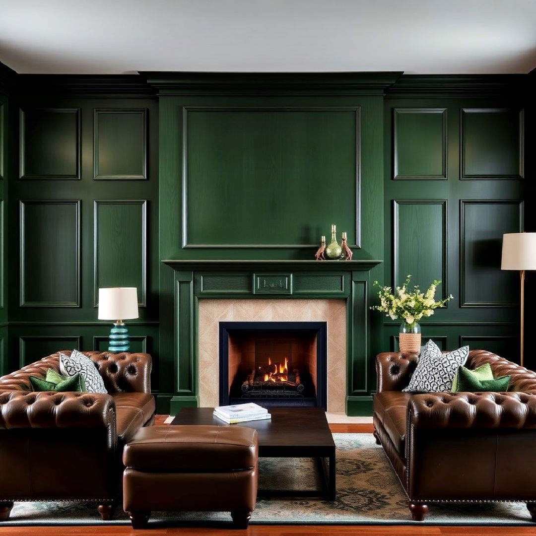 cozy dark green wood paneling around a fireplace