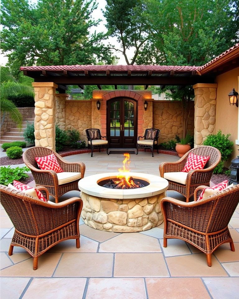 cozy fire pit with mediterranean style seating