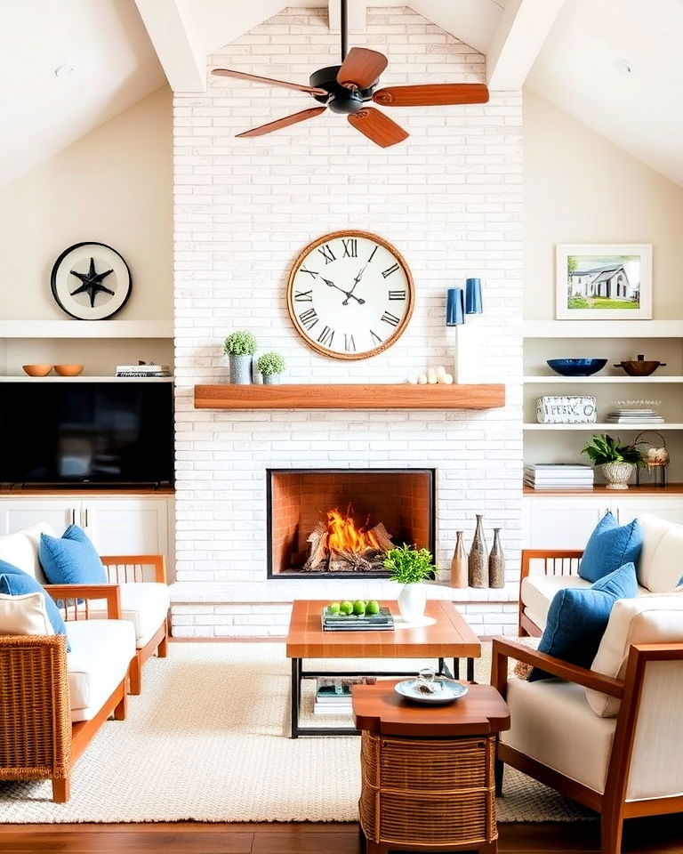cozy fireplace in a beach house living room
