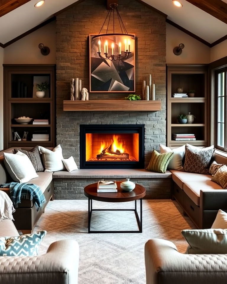 cozy fireplace with built in seating