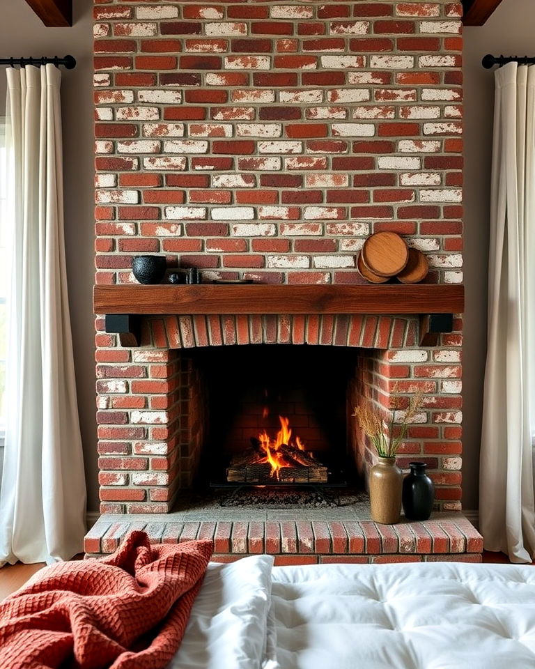 cozy fireplace with exposed brick