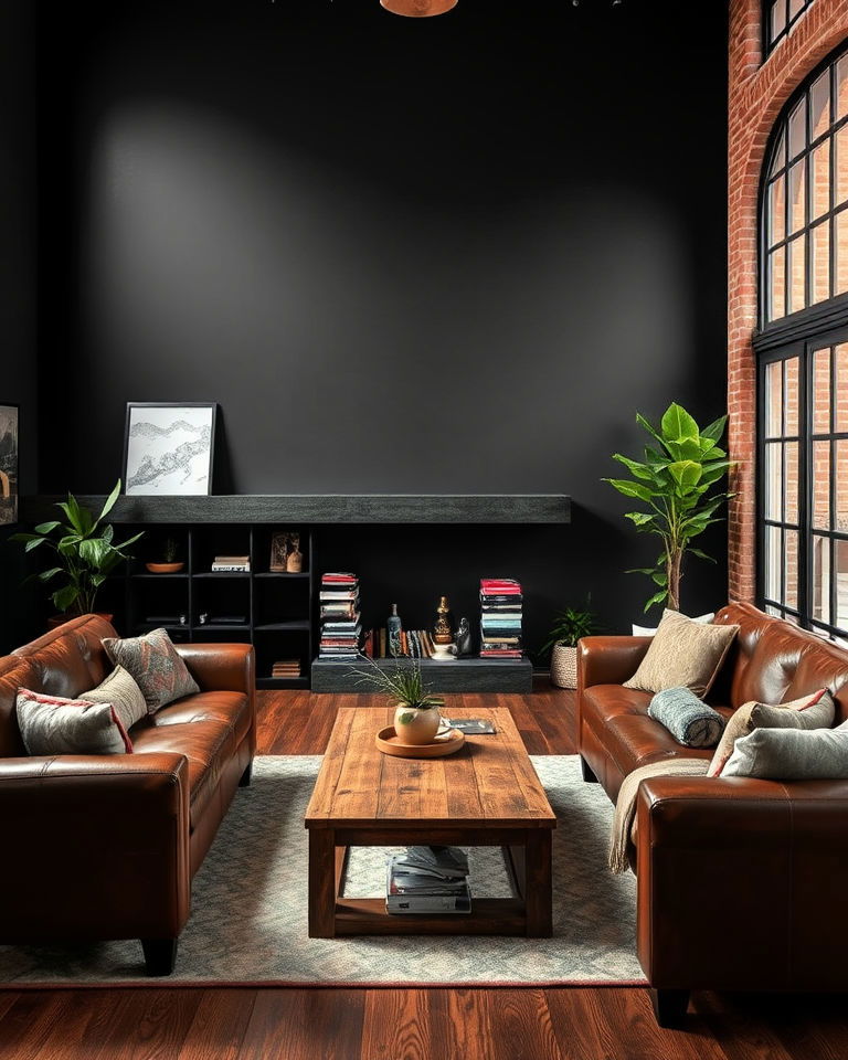 cozy industrial style living room with warm tones