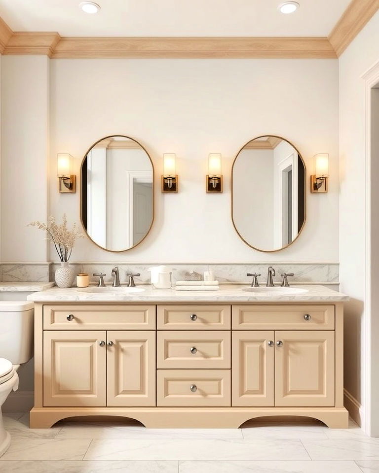 cozy inviting warm beige bathroom cabinets