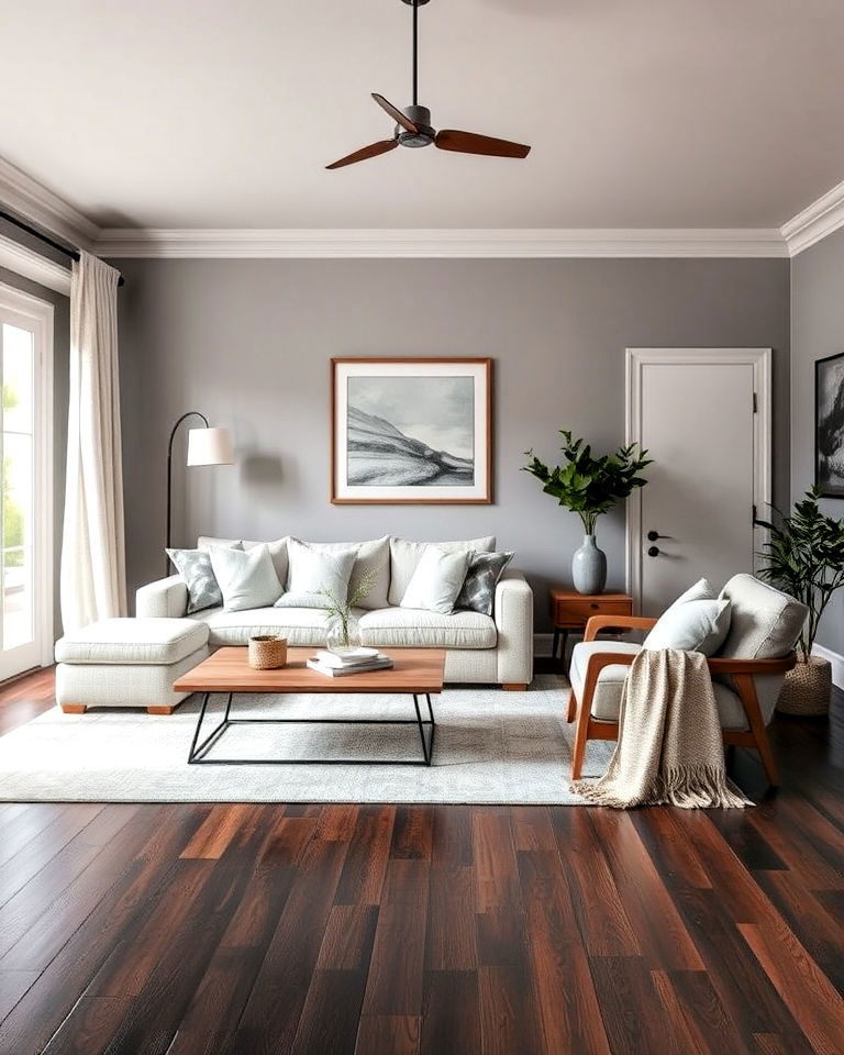 cozy living room with dark wood floor and grey accents