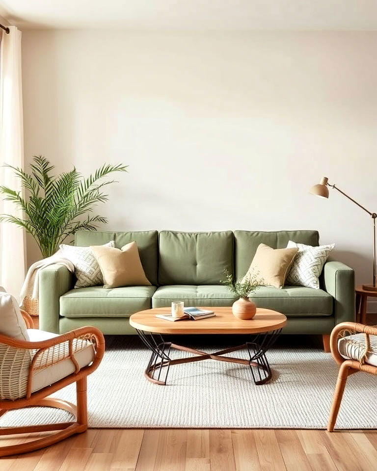 cozy neutral palette with sage green couch