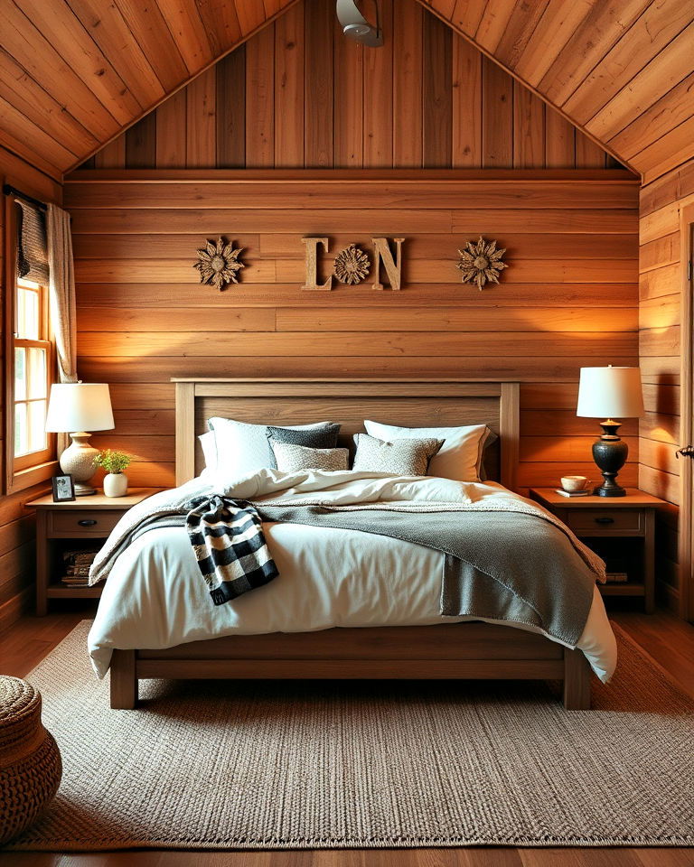 cozy nook with wood paneling bedroom