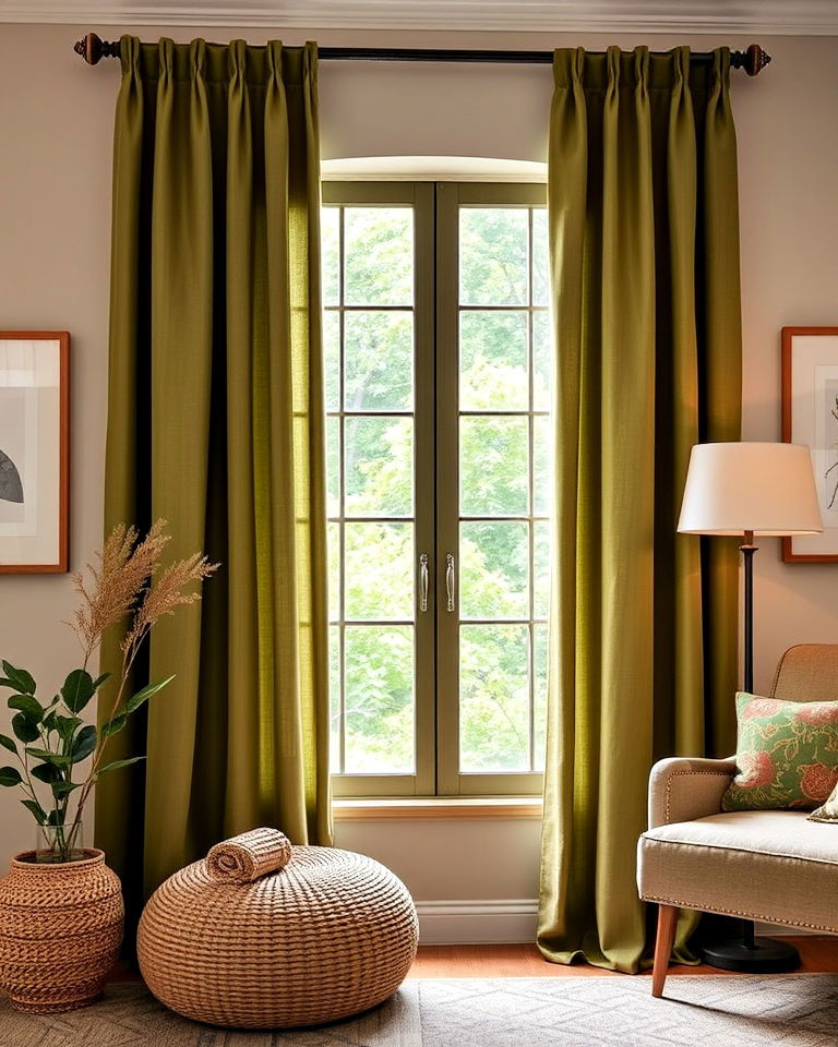 cozy olive green bedroom window curtains