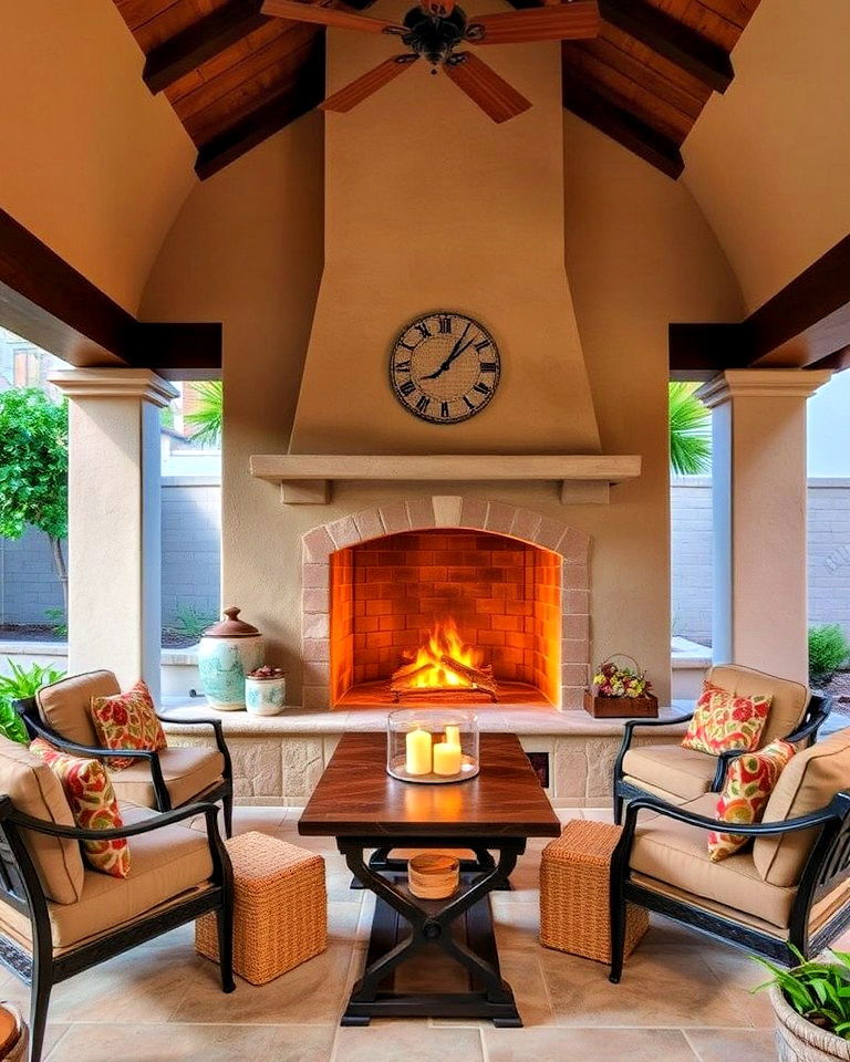 cozy outdoor spanish fireplace with a stucco finish