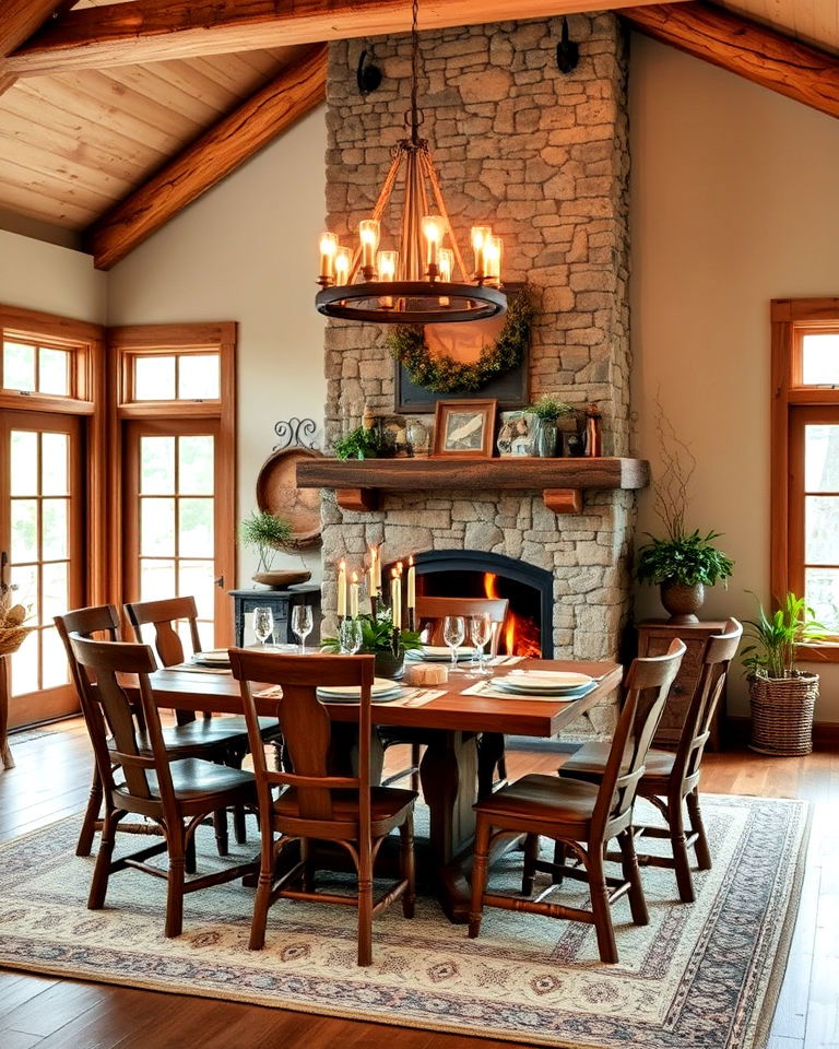 cozy rustic dining room with stone fireplace