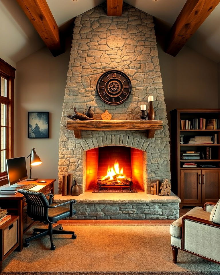 cozy rustic home office with stone fireplace